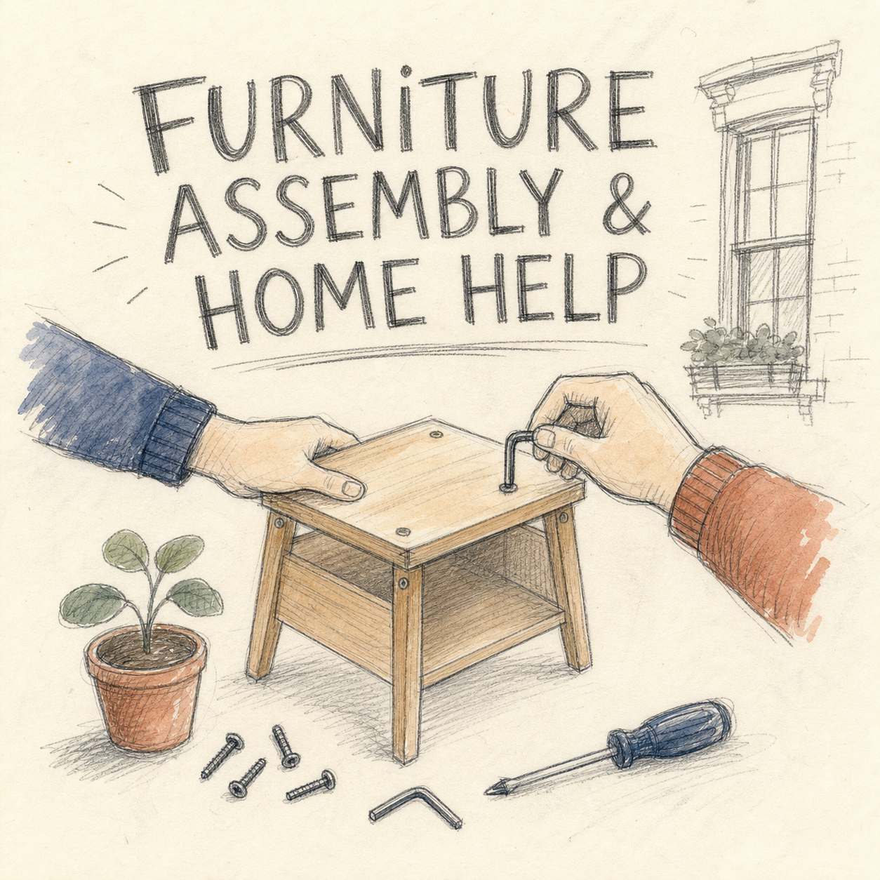 Hand-drawn illustration of a friendly furniture assembler at work